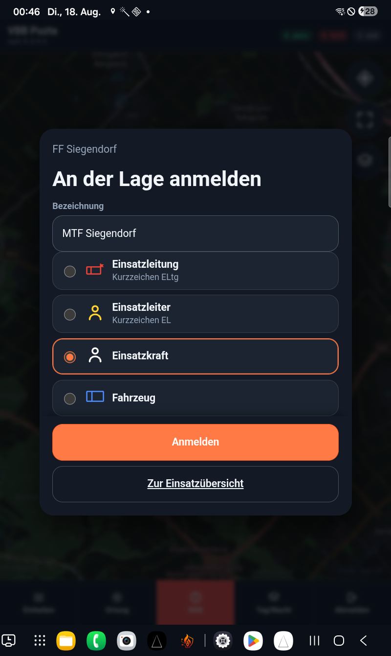 Anmeldemaske mit Bezeichnung und der Auswahl Einsatzleitung, Einsatzleiter, Einsatzkraft, Fahrzeug