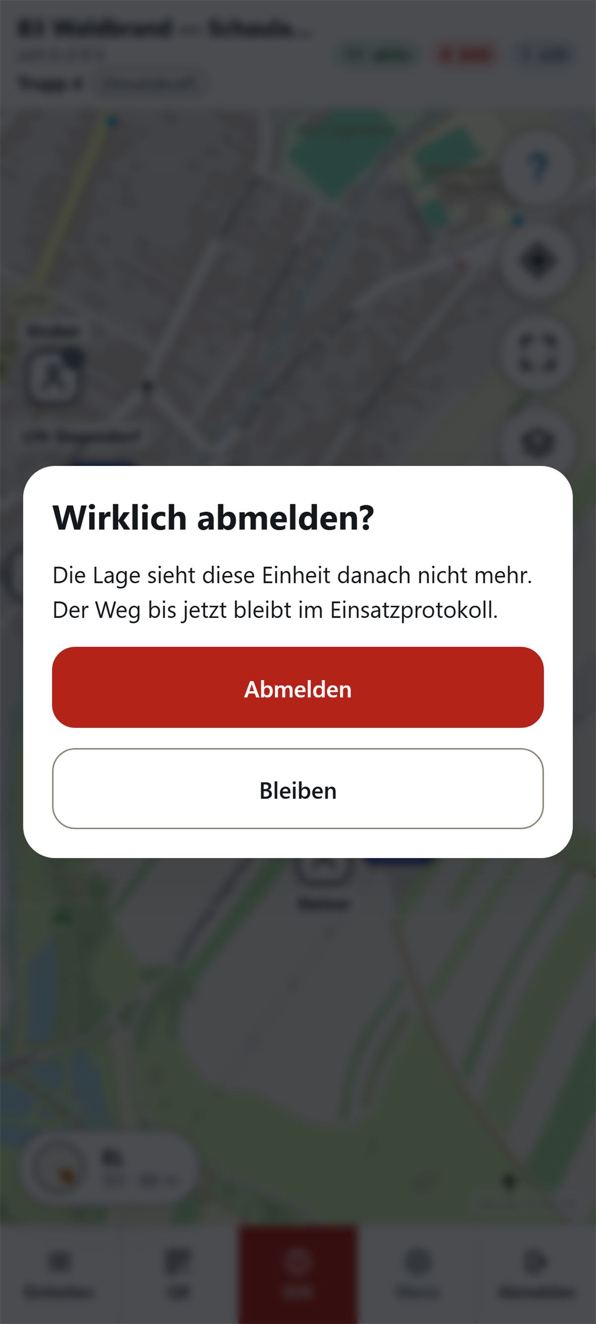 Rückfrage Wirklich abmelden mit den Knöpfen Abmelden und Bleiben