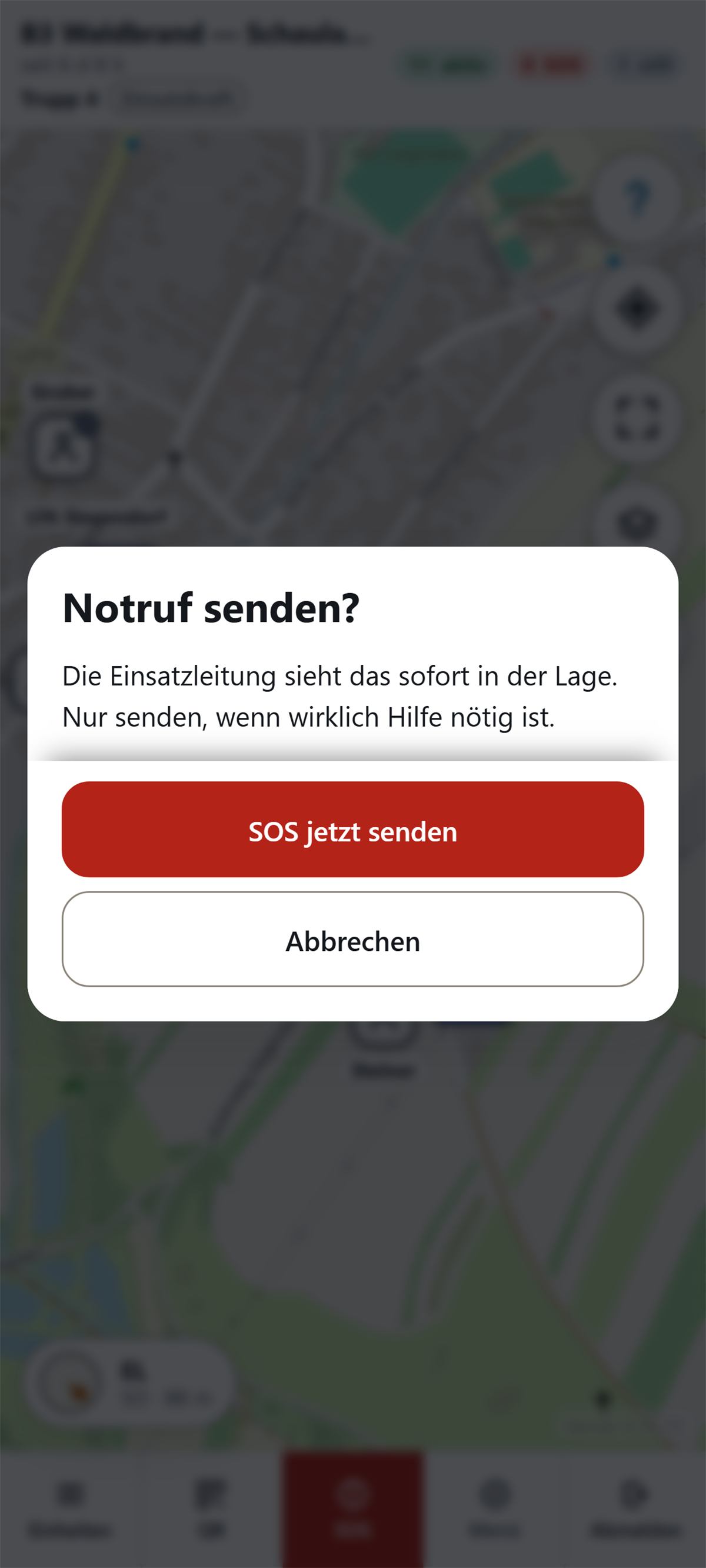 Das Blatt Notruf senden? liegt über dem Bildschirm, darunter die Knöpfe SOS jetzt senden und Abbrechen