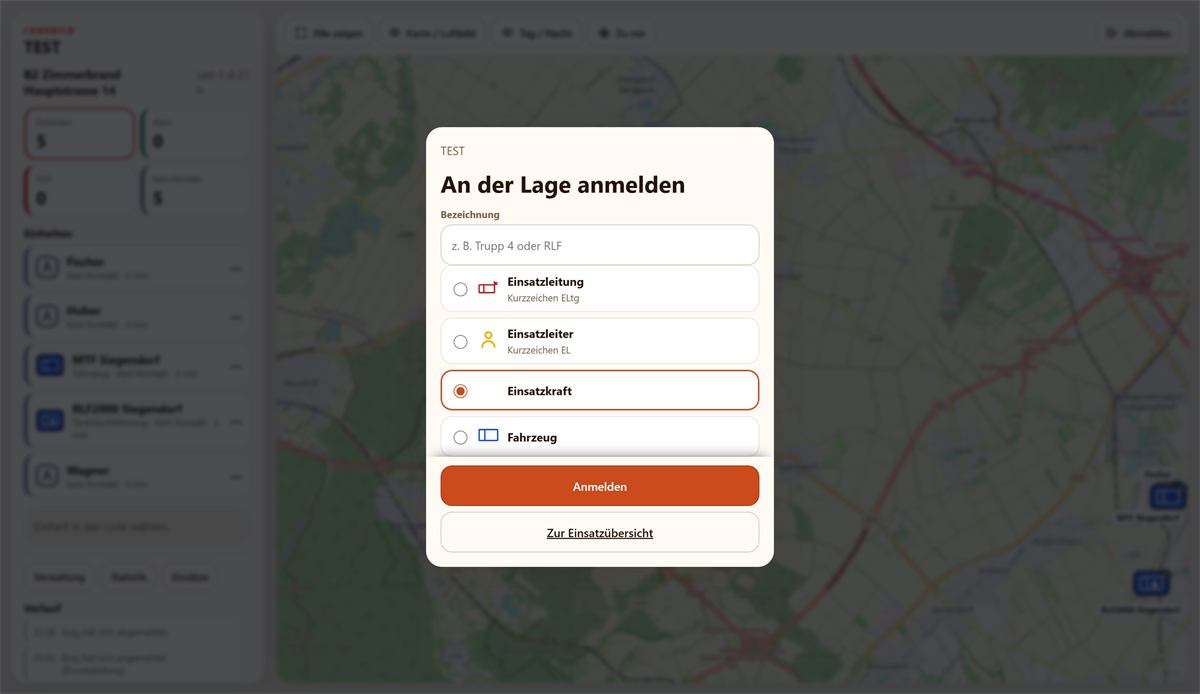 Anmeldemaske als Blatt über der Karte mit den vier Auswahlfeldern Einsatzleitung, Einsatzleiter, Einsatzkraft und Fahrzeug