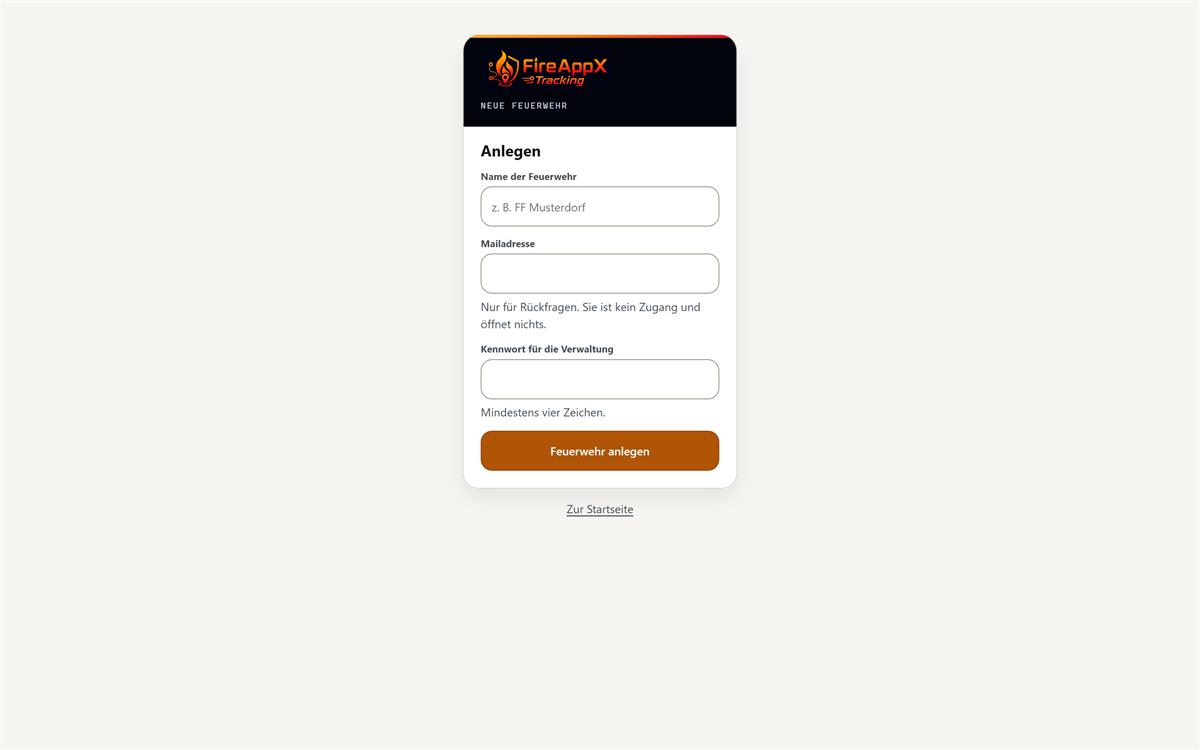Formular Neue Feuerwehr mit den Feldern Name der Feuerwehr, Mailadresse und Kennwort für die Verwaltung