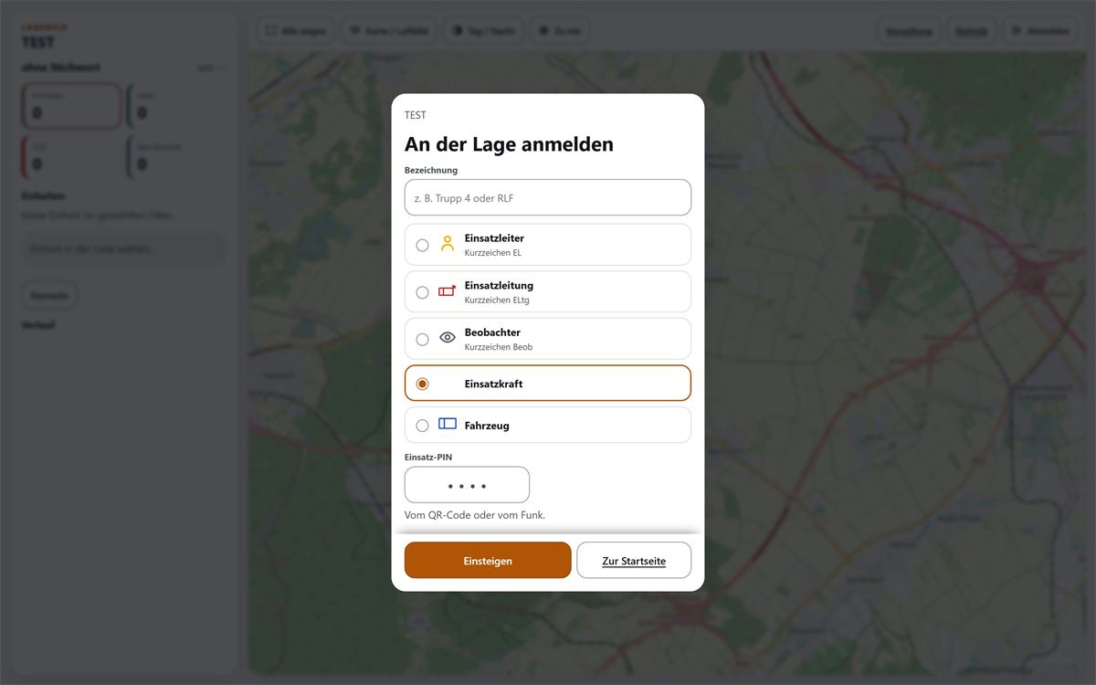 Anmeldemaske als Blatt über der Karte mit den vier Auswahlfeldern Einsatzleitung, Einsatzleiter, Einsatzkraft und Fahrzeug