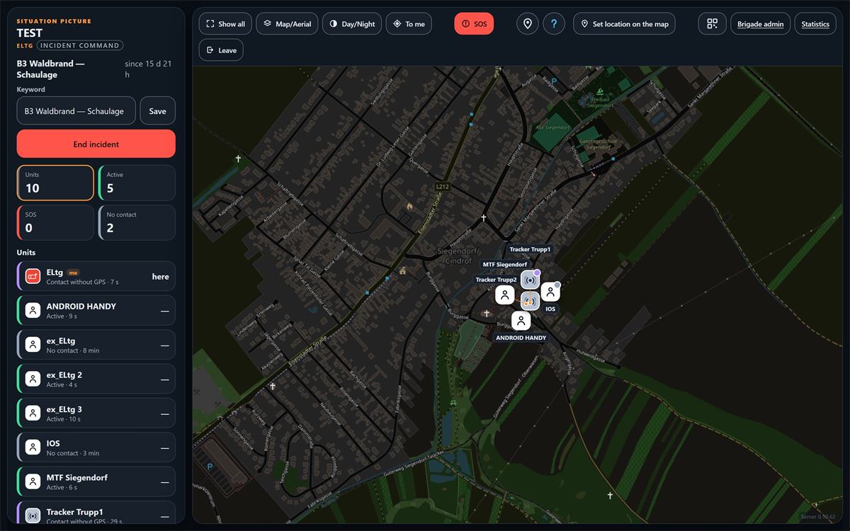 The same Lagebild in the night scheme: dark surfaces, dark road map, brighter status colours