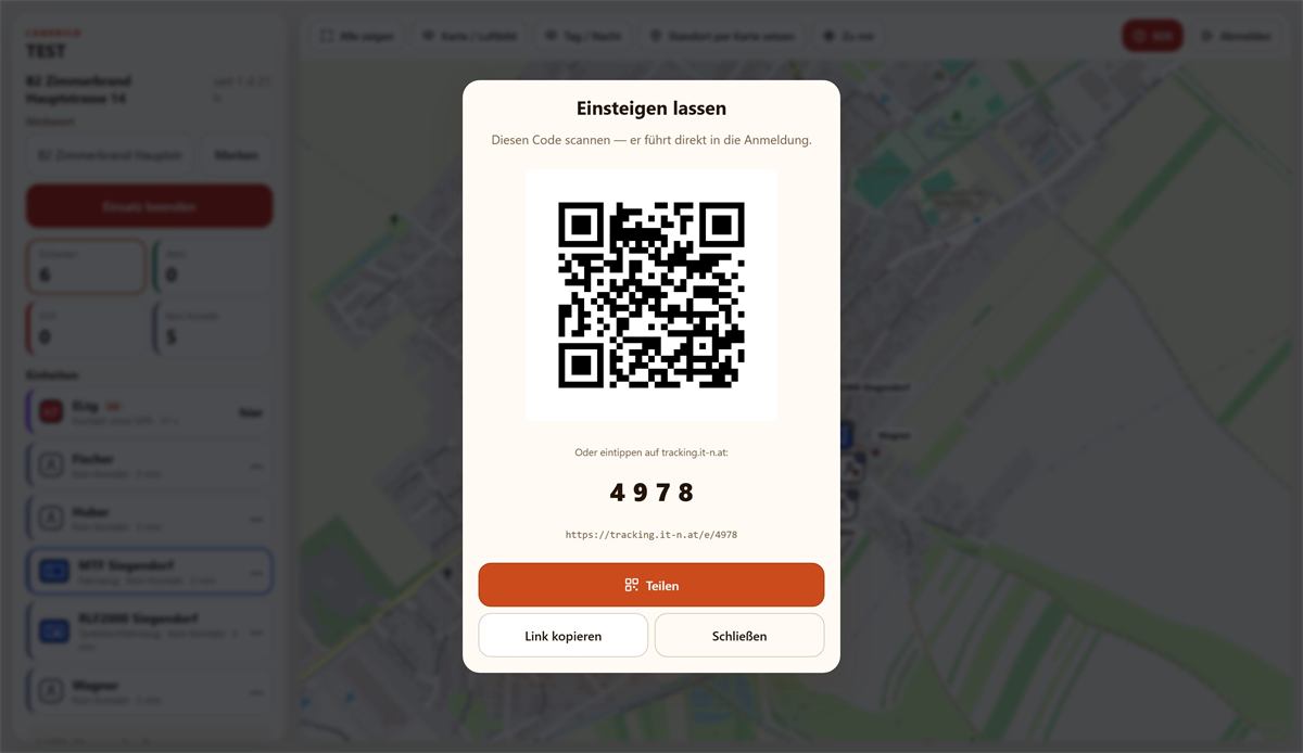Blatt Einsteigen lassen mit QR-Code, vier Ziffern und den Knoepfen Teilen, Link kopieren und Schliessen