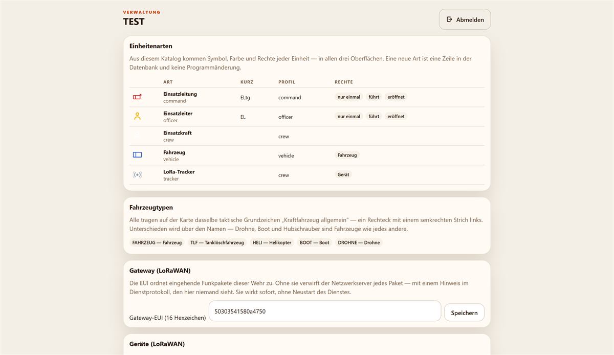 Verwaltung einer Wehr mit den Abschnitten Einheitenarten, Fahrzeugtypen und Gateway